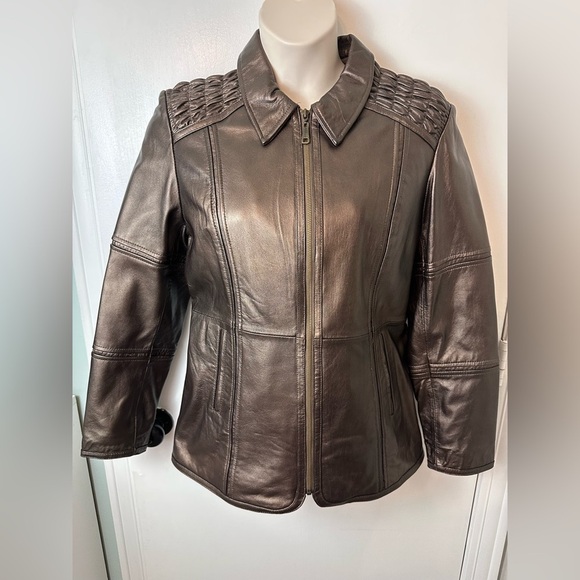 Women’s Leather Excelled Collection Zip Jacket metallic bronze belt strap Size M - Picture 3 of 13